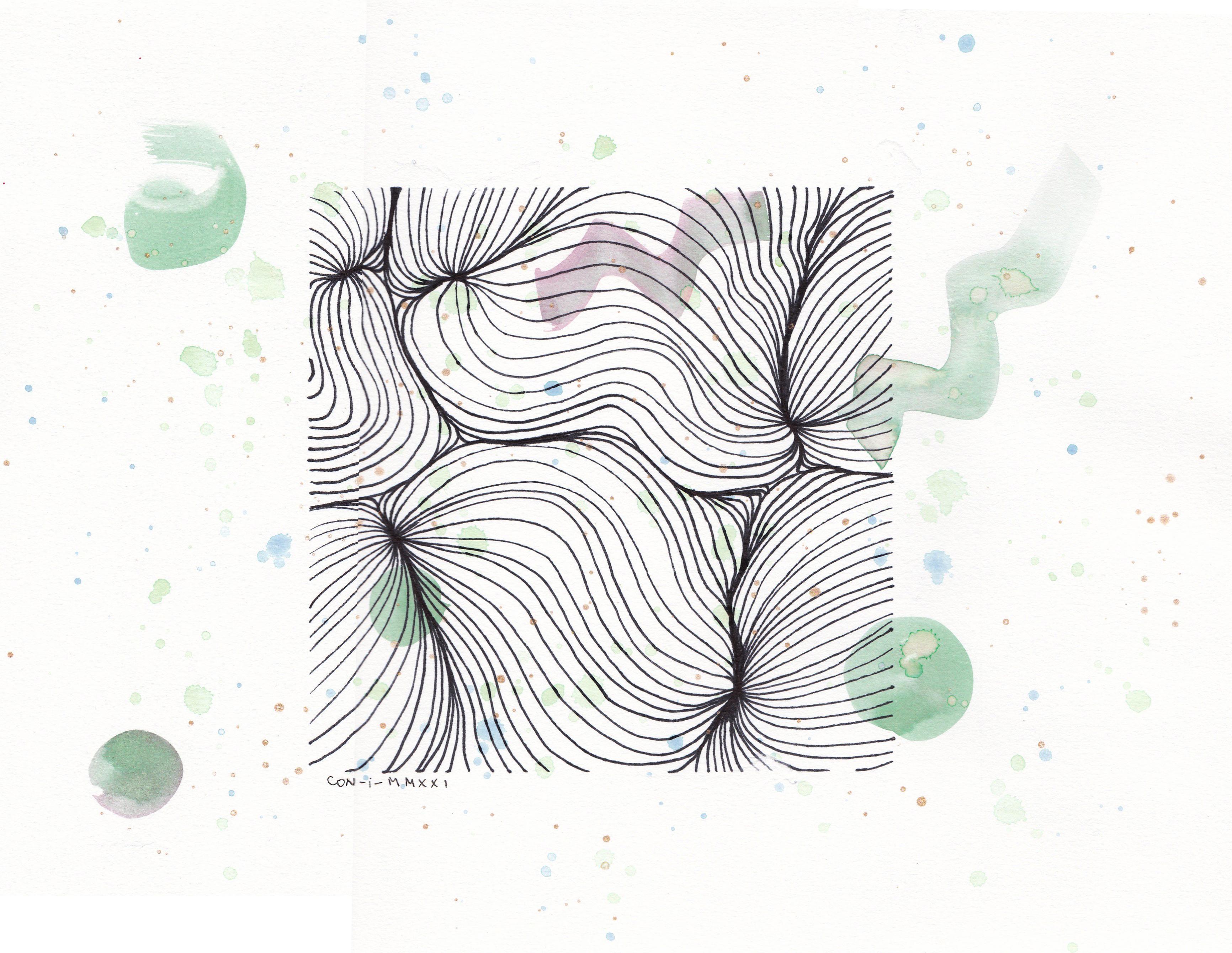 Line art with green accents